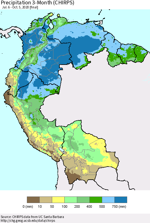 Northern South America Precipitation 3-Month (CHIRPS) Thematic Map For 7/6/2020 - 10/5/2020