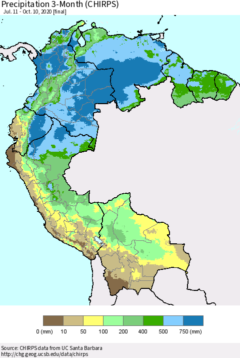 Northern South America Precipitation 3-Month (CHIRPS) Thematic Map For 7/11/2020 - 10/10/2020