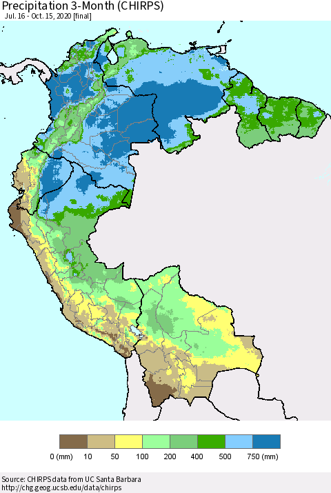 Northern South America Precipitation 3-Month (CHIRPS) Thematic Map For 7/16/2020 - 10/15/2020