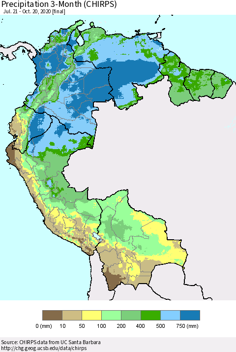 Northern South America Precipitation 3-Month (CHIRPS) Thematic Map For 7/21/2020 - 10/20/2020