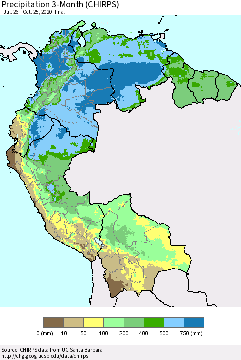 Northern South America Precipitation 3-Month (CHIRPS) Thematic Map For 7/26/2020 - 10/25/2020