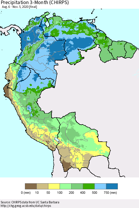Northern South America Precipitation 3-Month (CHIRPS) Thematic Map For 8/6/2020 - 11/5/2020