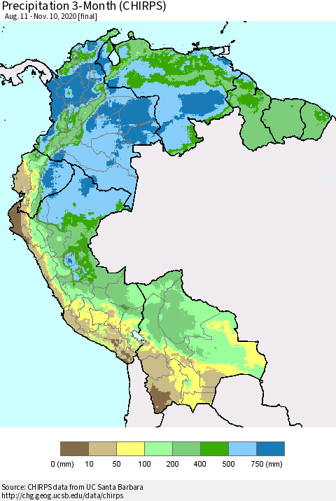 Northern South America Precipitation 3-Month (CHIRPS) Thematic Map For 8/11/2020 - 11/10/2020