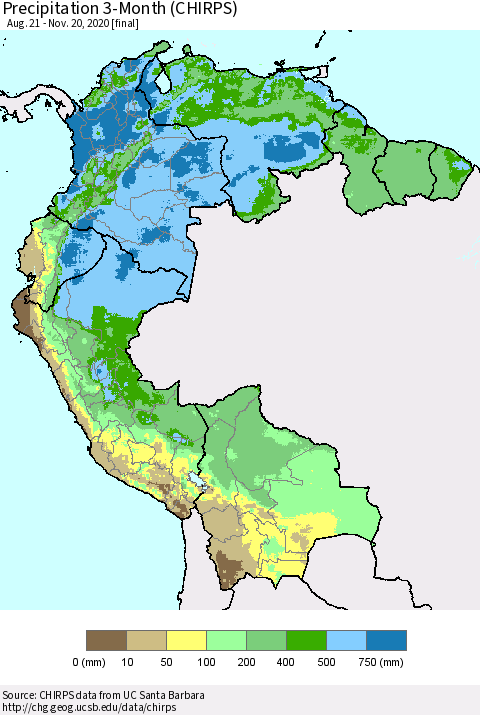 Northern South America Precipitation 3-Month (CHIRPS) Thematic Map For 8/21/2020 - 11/20/2020