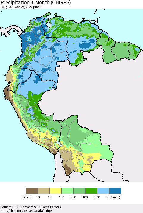 Northern South America Precipitation 3-Month (CHIRPS) Thematic Map For 8/26/2020 - 11/25/2020