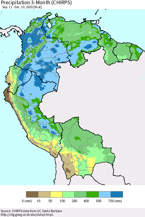 Northern South America Precipitation 3-Month (CHIRPS) Thematic Map For 9/11/2020 - 12/10/2020
