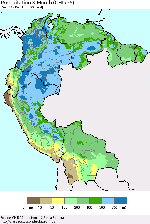Northern South America Precipitation 3-Month (CHIRPS) Thematic Map For 9/16/2020 - 12/15/2020