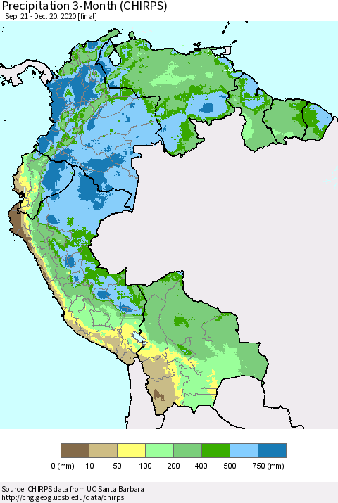 Northern South America Precipitation 3-Month (CHIRPS) Thematic Map For 9/21/2020 - 12/20/2020