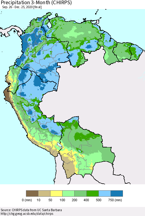 Northern South America Precipitation 3-Month (CHIRPS) Thematic Map For 9/26/2020 - 12/25/2020