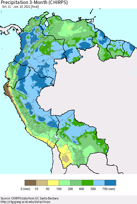 Northern South America Precipitation 3-Month (CHIRPS) Thematic Map For 10/11/2020 - 1/10/2021