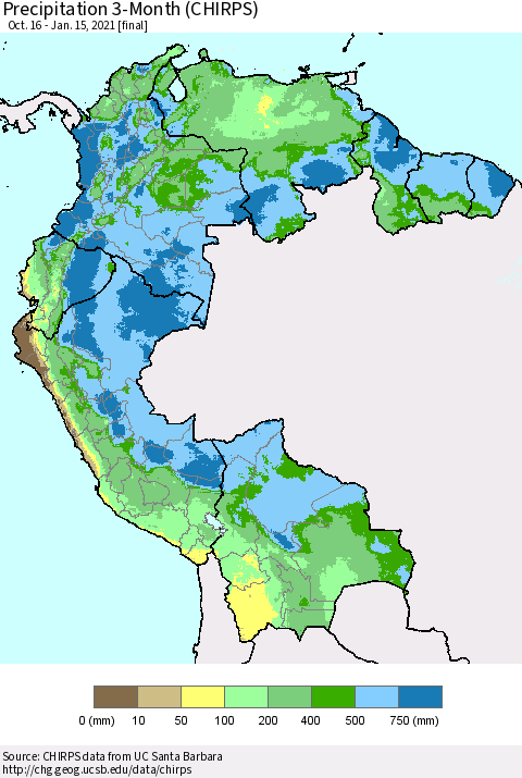 Northern South America Precipitation 3-Month (CHIRPS) Thematic Map For 10/16/2020 - 1/15/2021