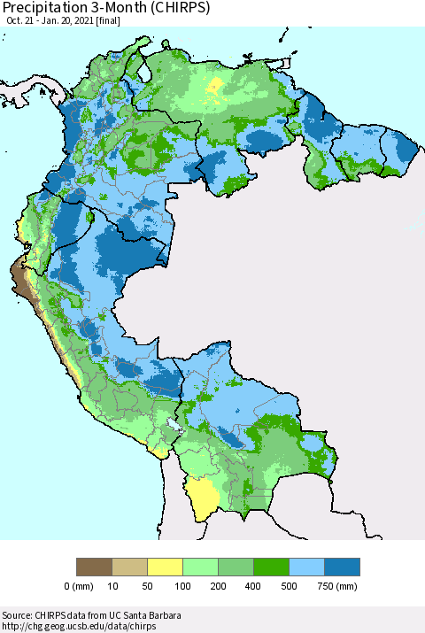 Northern South America Precipitation 3-Month (CHIRPS) Thematic Map For 10/21/2020 - 1/20/2021