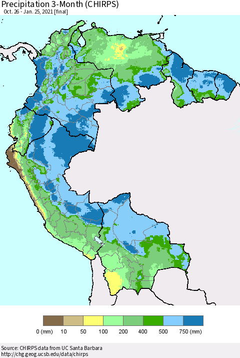 Northern South America Precipitation 3-Month (CHIRPS) Thematic Map For 10/26/2020 - 1/25/2021
