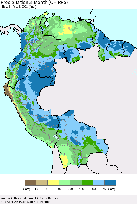Northern South America Precipitation 3-Month (CHIRPS) Thematic Map For 11/6/2020 - 2/5/2021