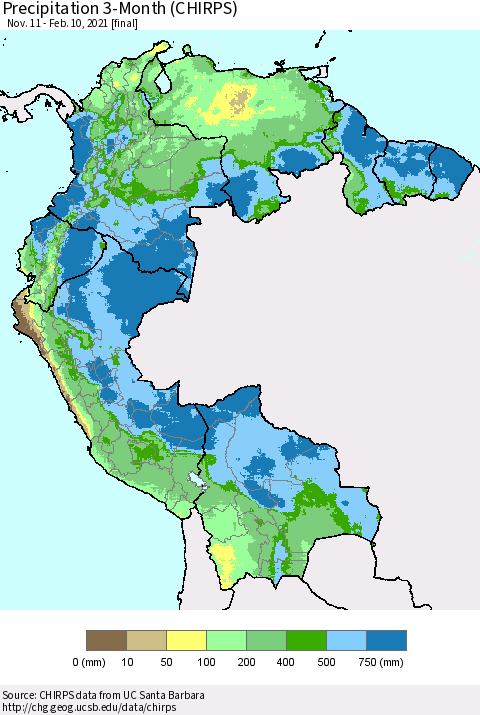 Northern South America Precipitation 3-Month (CHIRPS) Thematic Map For 11/11/2020 - 2/10/2021
