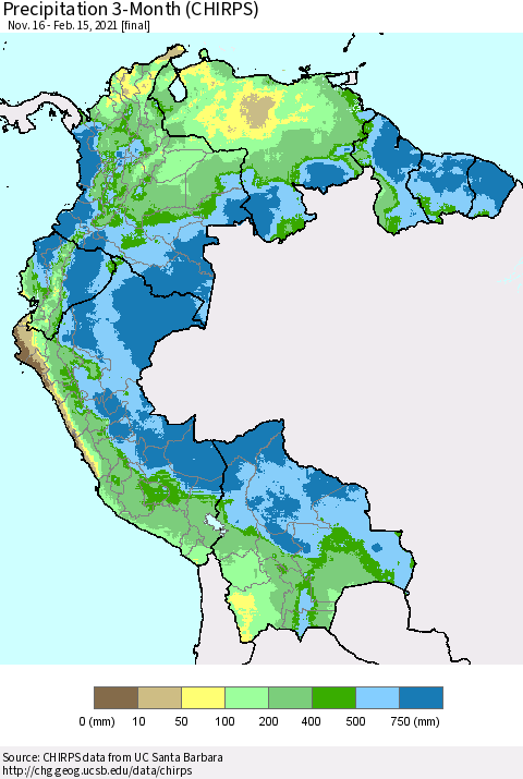 Northern South America Precipitation 3-Month (CHIRPS) Thematic Map For 11/16/2020 - 2/15/2021