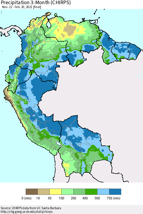 Northern South America Precipitation 3-Month (CHIRPS) Thematic Map For 11/21/2020 - 2/20/2021