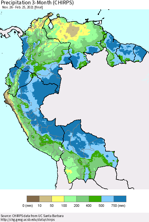Northern South America Precipitation 3-Month (CHIRPS) Thematic Map For 11/26/2020 - 2/25/2021
