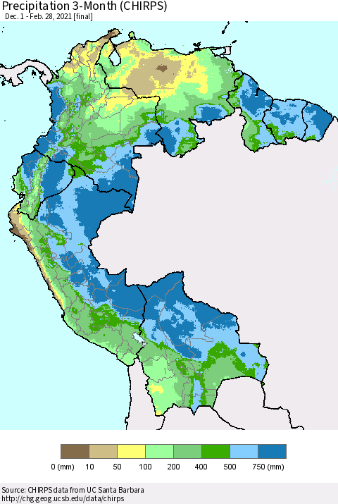Northern South America Precipitation 3-Month (CHIRPS) Thematic Map For 12/1/2020 - 2/28/2021