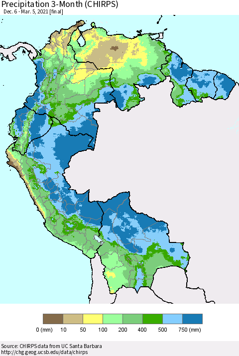 Northern South America Precipitation 3-Month (CHIRPS) Thematic Map For 12/6/2020 - 3/5/2021