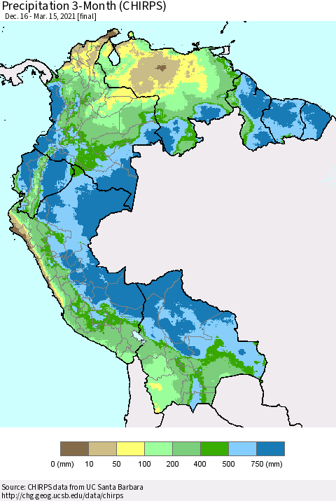 Northern South America Precipitation 3-Month (CHIRPS) Thematic Map For 12/16/2020 - 3/15/2021