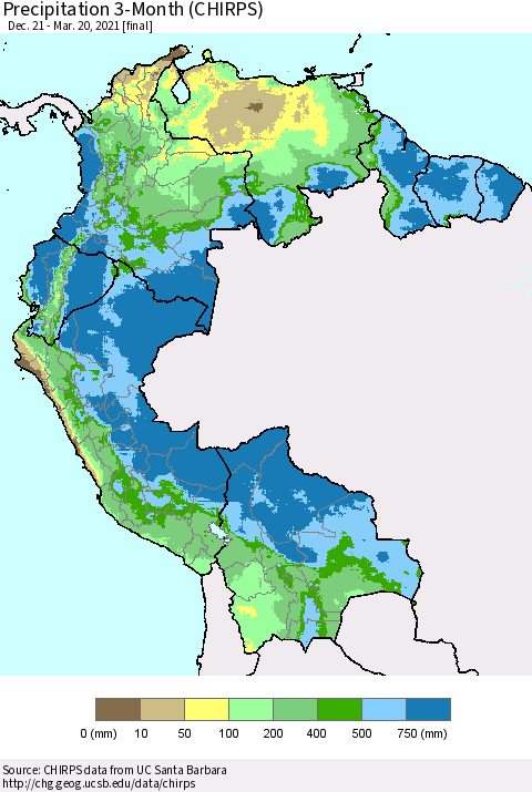 Northern South America Precipitation 3-Month (CHIRPS) Thematic Map For 12/21/2020 - 3/20/2021