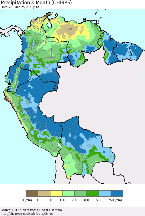 Northern South America Precipitation 3-Month (CHIRPS) Thematic Map For 12/26/2020 - 3/25/2021