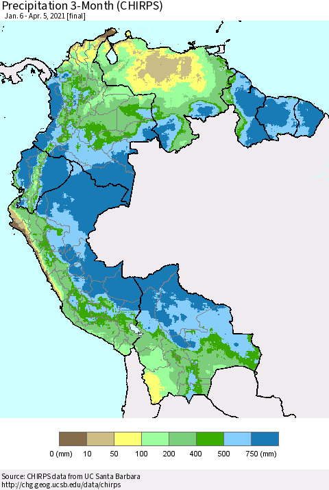 Northern South America Precipitation 3-Month (CHIRPS) Thematic Map For 1/6/2021 - 4/5/2021