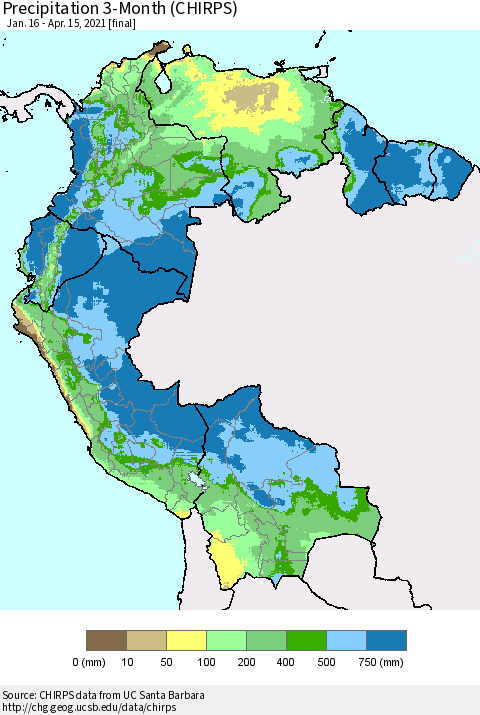 Northern South America Precipitation 3-Month (CHIRPS) Thematic Map For 1/16/2021 - 4/15/2021
