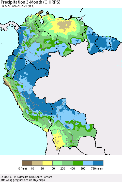 Northern South America Precipitation 3-Month (CHIRPS) Thematic Map For 1/26/2021 - 4/25/2021