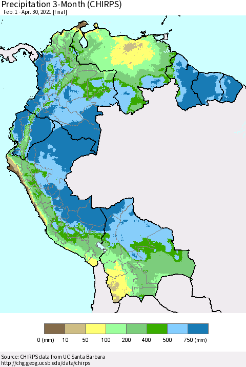 Northern South America Precipitation 3-Month (CHIRPS) Thematic Map For 2/1/2021 - 4/30/2021