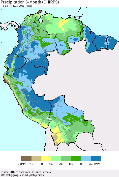 Northern South America Precipitation 3-Month (CHIRPS) Thematic Map For 2/6/2021 - 5/5/2021