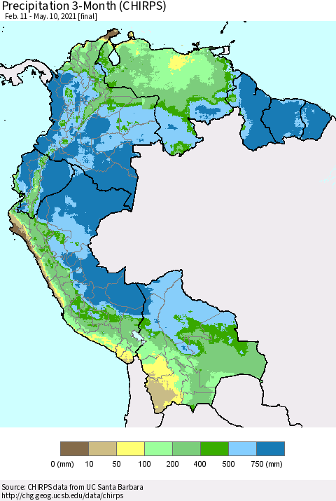 Northern South America Precipitation 3-Month (CHIRPS) Thematic Map For 2/11/2021 - 5/10/2021