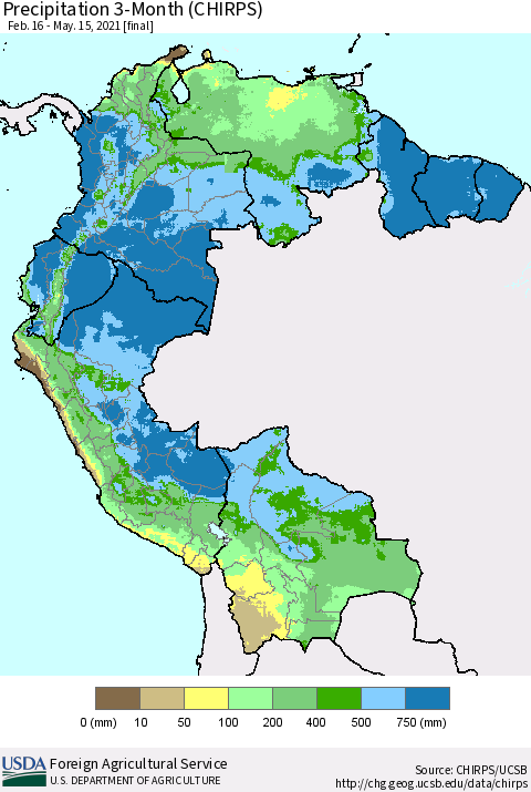 Northern South America Precipitation 3-Month (CHIRPS) Thematic Map For 2/16/2021 - 5/15/2021