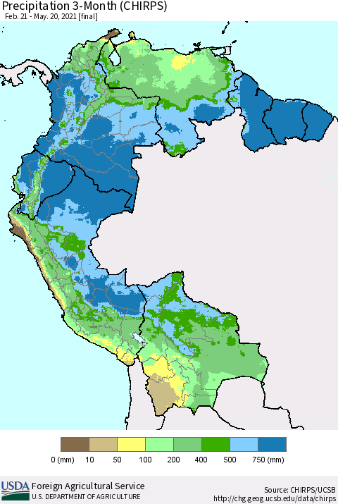 Northern South America Precipitation 3-Month (CHIRPS) Thematic Map For 2/21/2021 - 5/20/2021