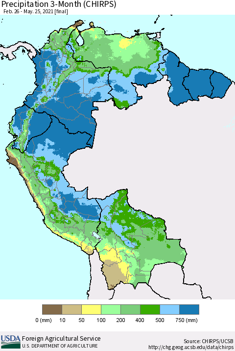 Northern South America Precipitation 3-Month (CHIRPS) Thematic Map For 2/26/2021 - 5/25/2021