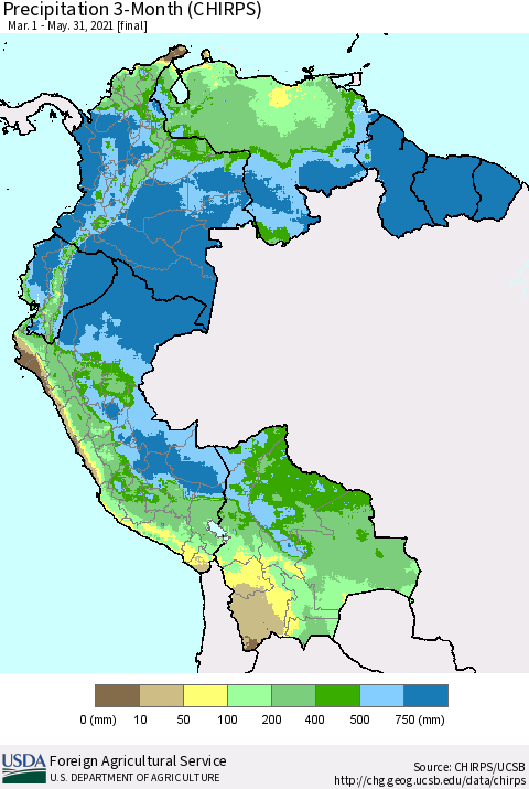 Northern South America Precipitation 3-Month (CHIRPS) Thematic Map For 3/1/2021 - 5/31/2021