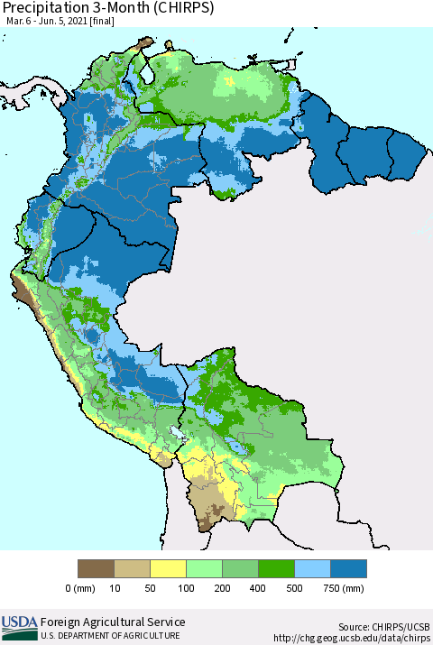 Northern South America Precipitation 3-Month (CHIRPS) Thematic Map For 3/6/2021 - 6/5/2021