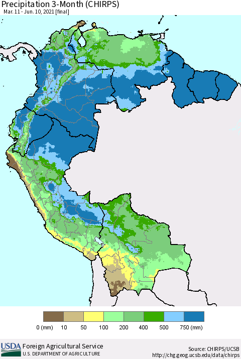 Northern South America Precipitation 3-Month (CHIRPS) Thematic Map For 3/11/2021 - 6/10/2021