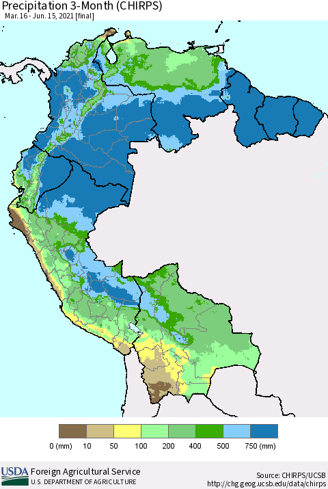 Northern South America Precipitation 3-Month (CHIRPS) Thematic Map For 3/16/2021 - 6/15/2021