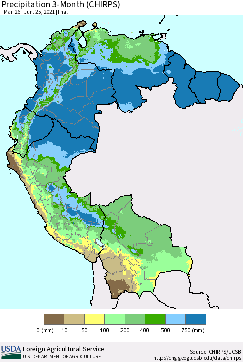 Northern South America Precipitation 3-Month (CHIRPS) Thematic Map For 3/26/2021 - 6/25/2021