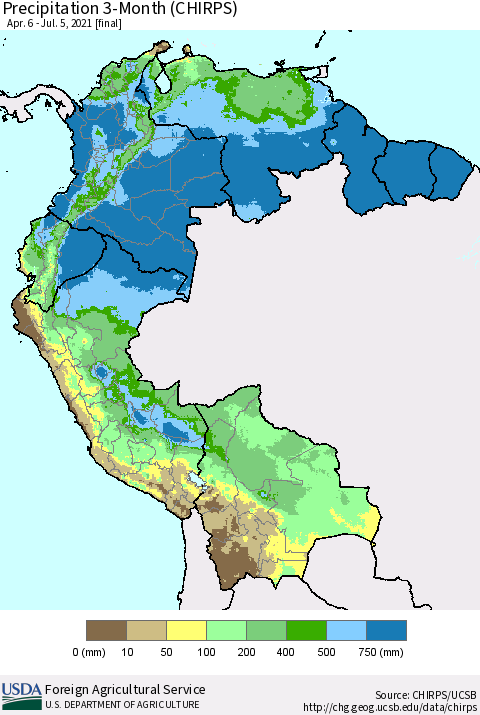 Northern South America Precipitation 3-Month (CHIRPS) Thematic Map For 4/6/2021 - 7/5/2021