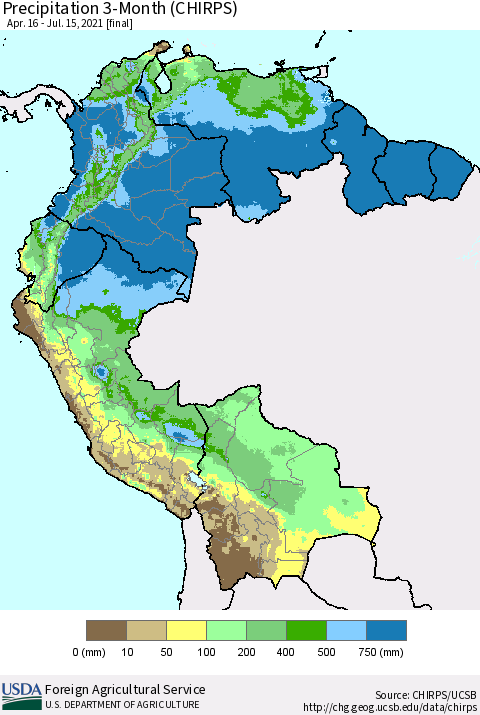 Northern South America Precipitation 3-Month (CHIRPS) Thematic Map For 4/16/2021 - 7/15/2021