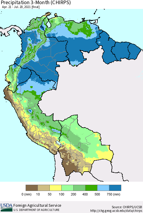 Northern South America Precipitation 3-Month (CHIRPS) Thematic Map For 4/21/2021 - 7/20/2021