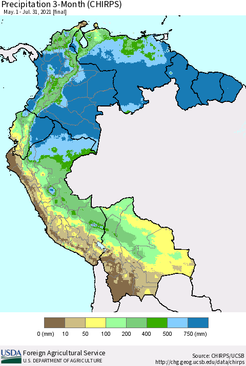 Northern South America Precipitation 3-Month (CHIRPS) Thematic Map For 5/1/2021 - 7/31/2021