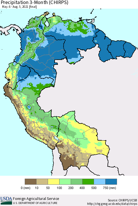 Northern South America Precipitation 3-Month (CHIRPS) Thematic Map For 5/6/2021 - 8/5/2021