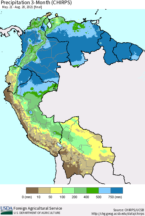 Northern South America Precipitation 3-Month (CHIRPS) Thematic Map For 5/21/2021 - 8/20/2021
