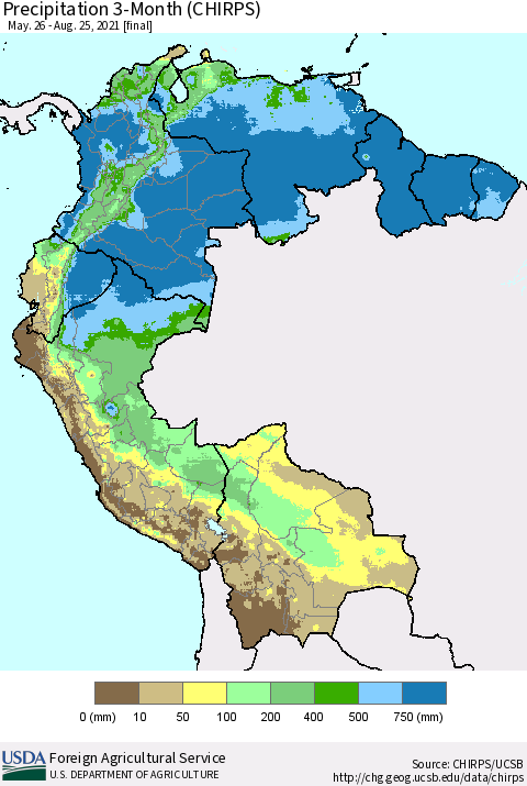 Northern South America Precipitation 3-Month (CHIRPS) Thematic Map For 5/26/2021 - 8/25/2021