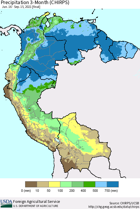 Northern South America Precipitation 3-Month (CHIRPS) Thematic Map For 6/16/2021 - 9/15/2021