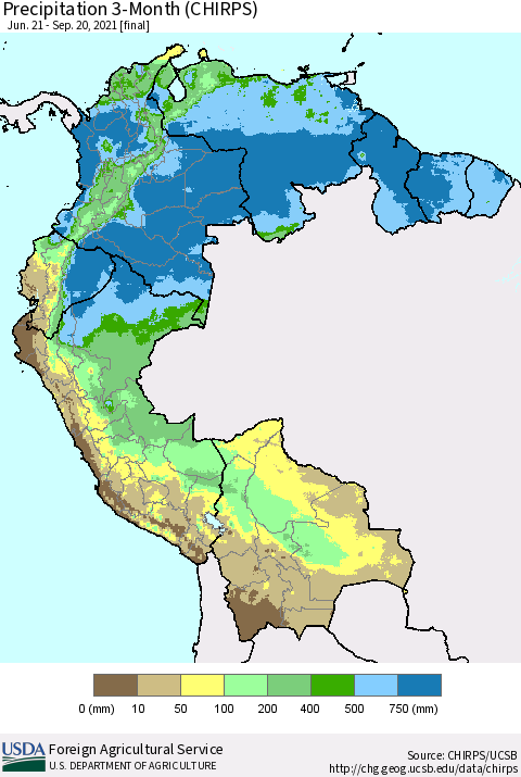 Northern South America Precipitation 3-Month (CHIRPS) Thematic Map For 6/21/2021 - 9/20/2021